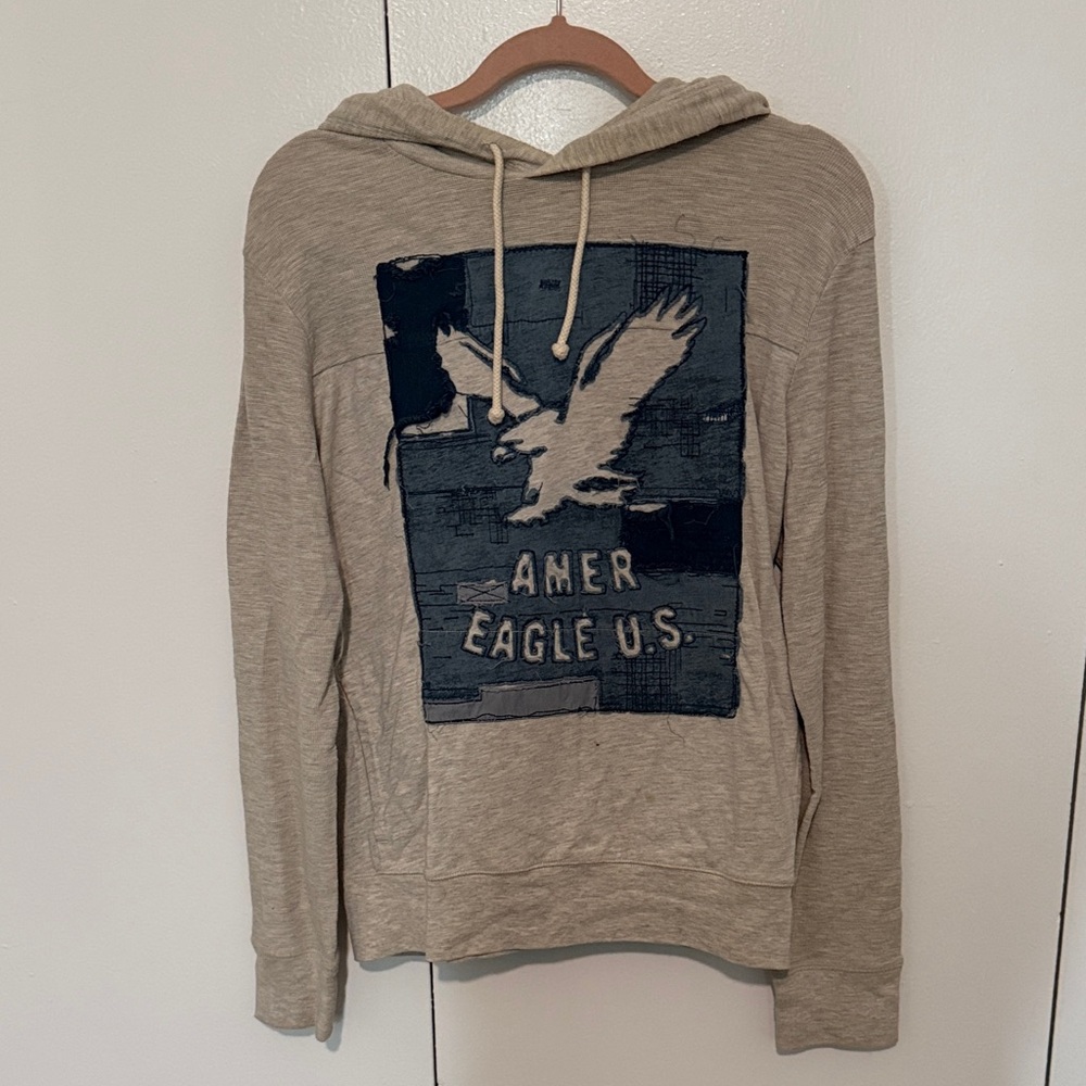 Vintage American Eagle Outfitters Tan Hoodie with denim graphic